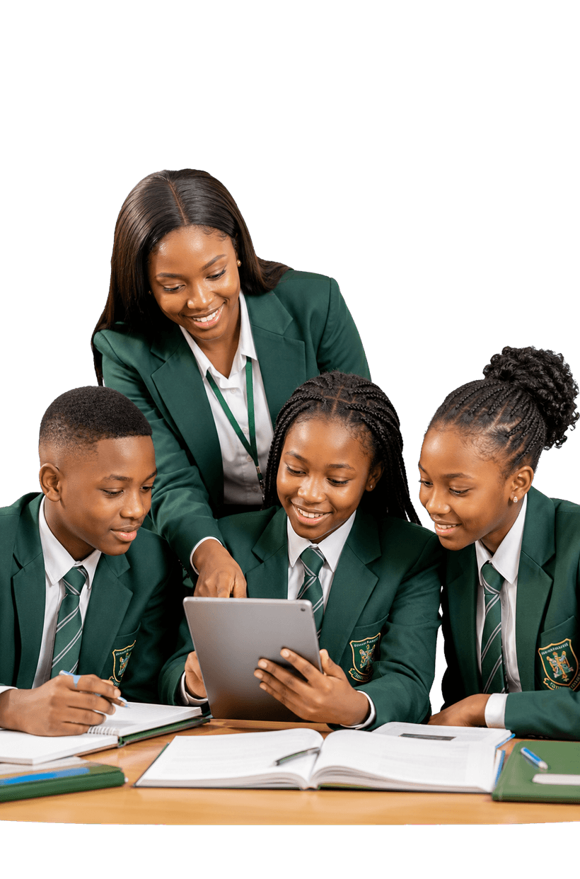 Students and a teacher reviewing school data together