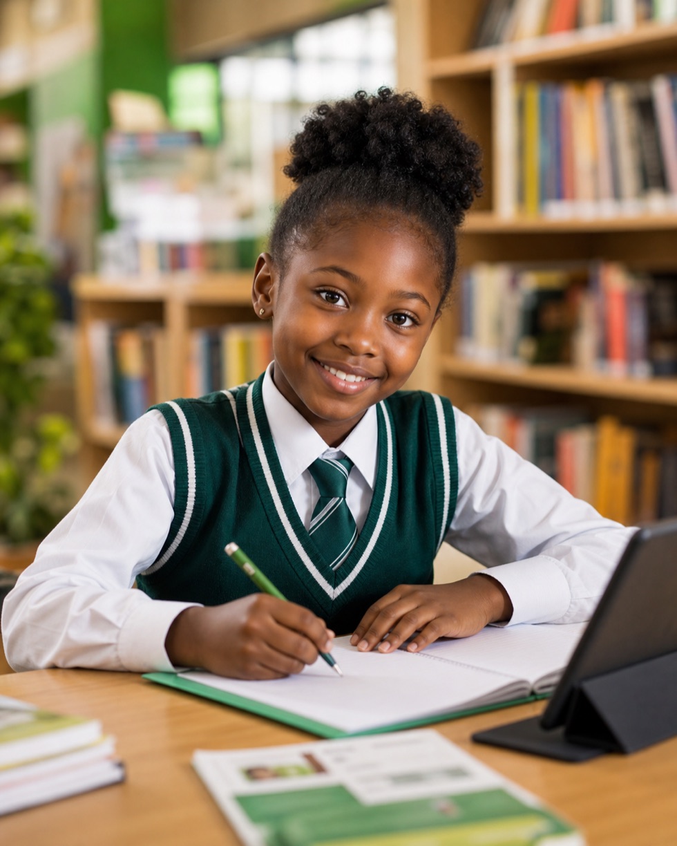 Student writing in a bright school library